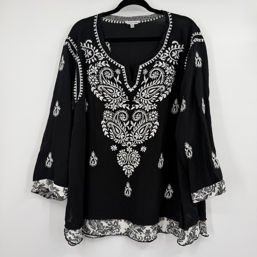 John Mark Tunic Top Womens 3X Black Embroidered Paisley Lightweight Artsy